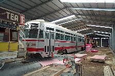 381 in the line up of trams in the new shed