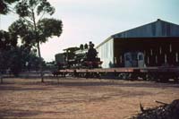 'a_m0137 - 30.3.1964 - Port Augusta - NM 25 on RGB + RGB 1054 flat cars. A Budd car is in the shed in the background'