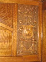 'cd_p1028568 - 9<sup>th</sup> April 2006 - Keswick  Interior SS 44 - Prince of Wales car - lounge area - carved coat of arms panel'