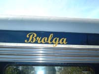 'pm_bb_008 - 1<sup>st</sup> April 2002 - Bluebird railcar 254 <em>Brolga</em> name board at Tailem Bend.'